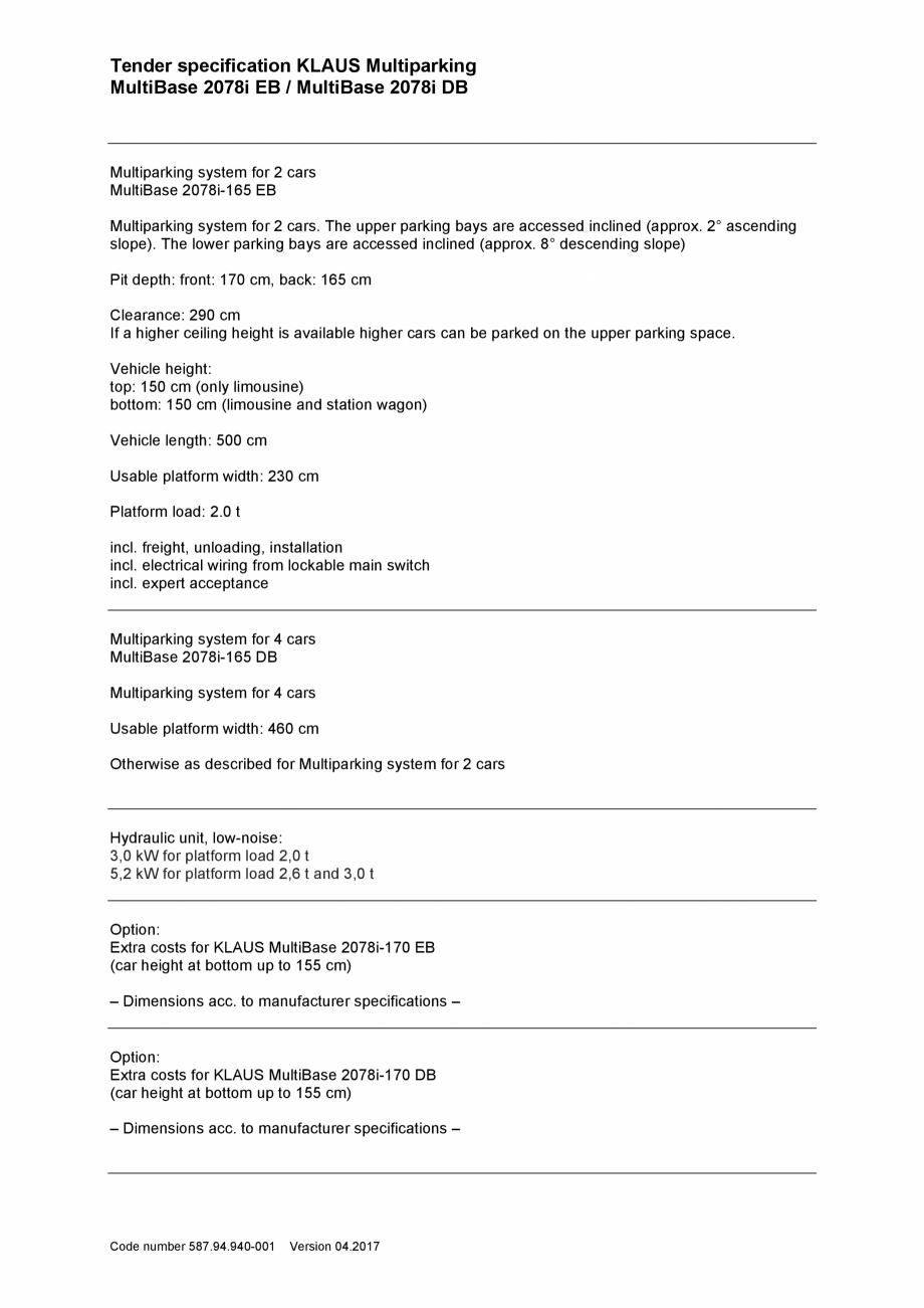 Pagina 3-Specificatii tehnice - Sistem de parcare hidraulic KLAUS MULTIBASE 2078i Fisa tehnica Engleza lm...