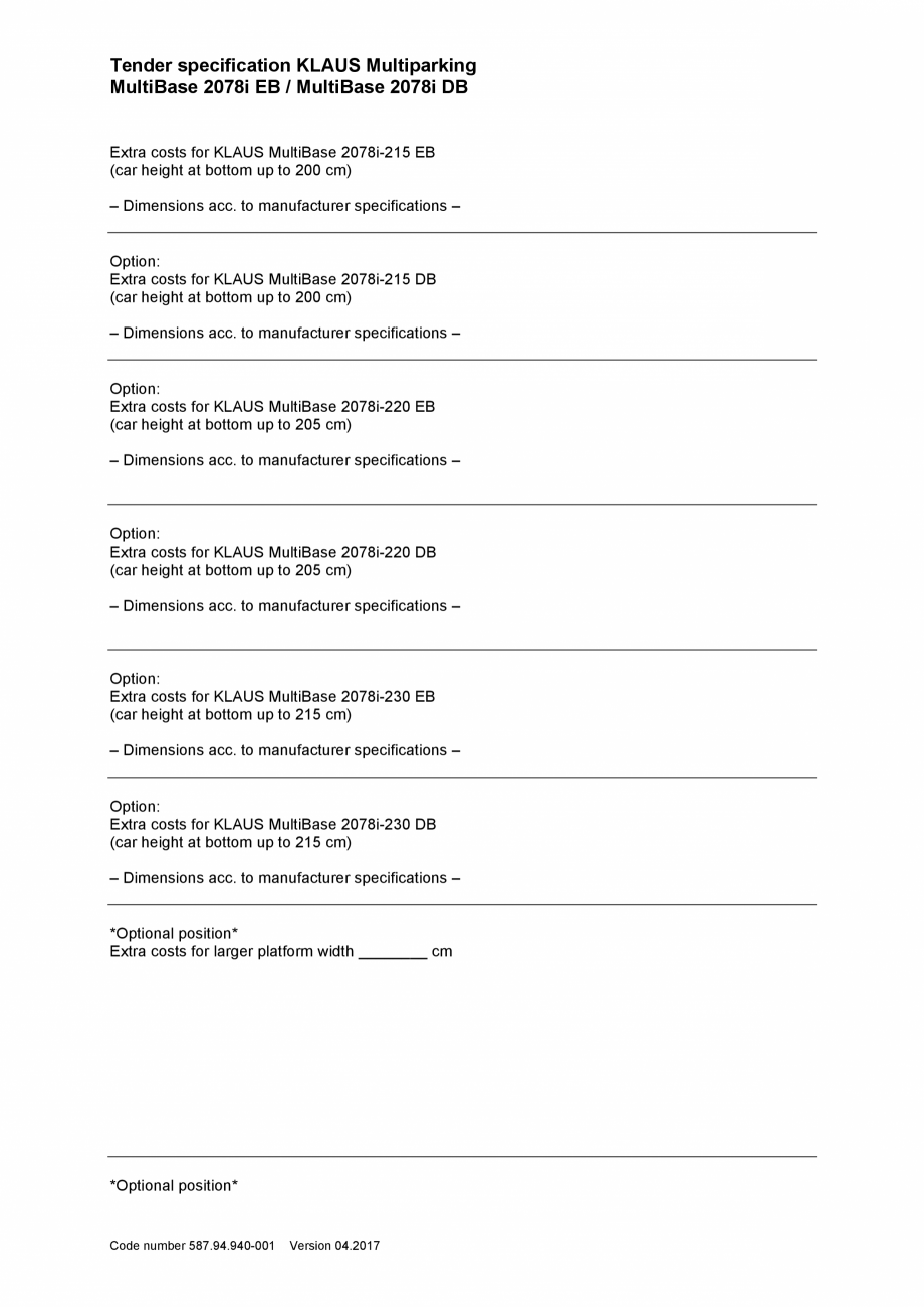 Pagina 5-Specificatii tehnice - Sistem de parcare hidraulic KLAUS MULTIBASE 2078i Fisa tehnica Engleza ng...