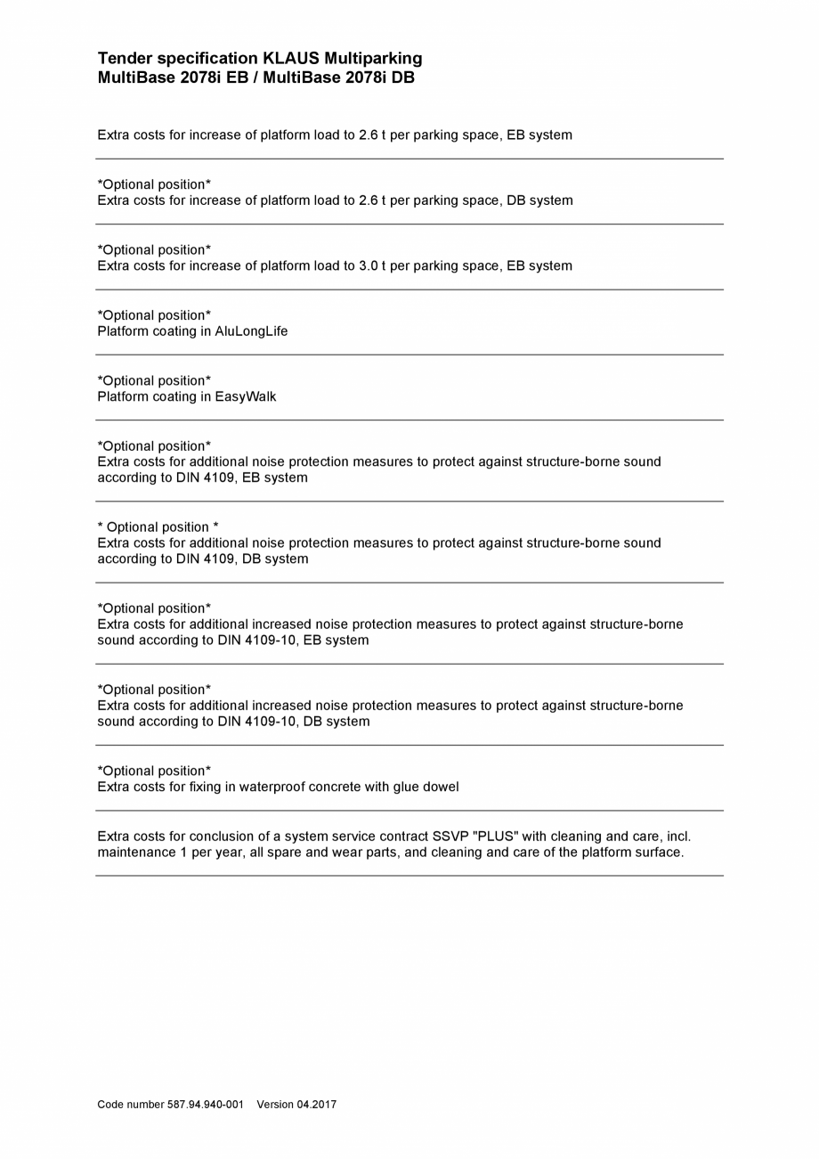 Pagina 6-Specificatii tehnice - Sistem de parcare hidraulic KLAUS MULTIBASE 2078i Fisa tehnica Engleza 64....