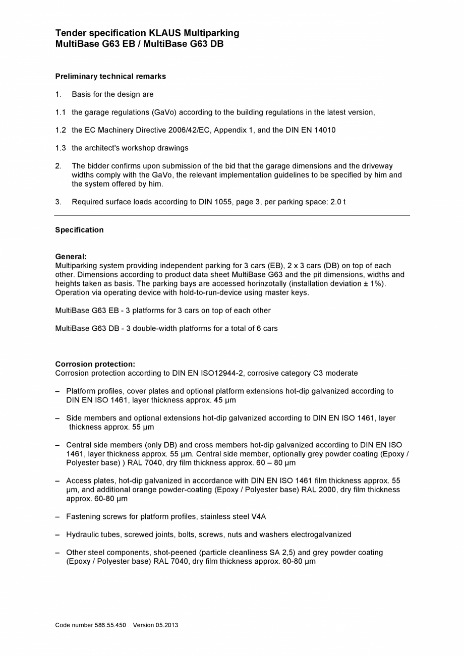 Pagina 1-Sisteme de parcare hidraulice - Specificatii tehnice KLAUS MULTIBASE G63 Fisa tehnica Engleza Tender...