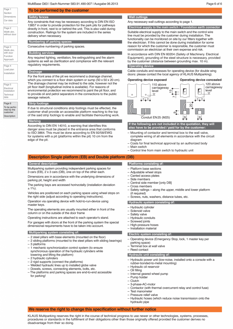 Pagina 6-Sistem de parcare hidraulic KLAUS MULTIBASE G63 Fisa tehnica Engleza ngle platforms and 500 for...