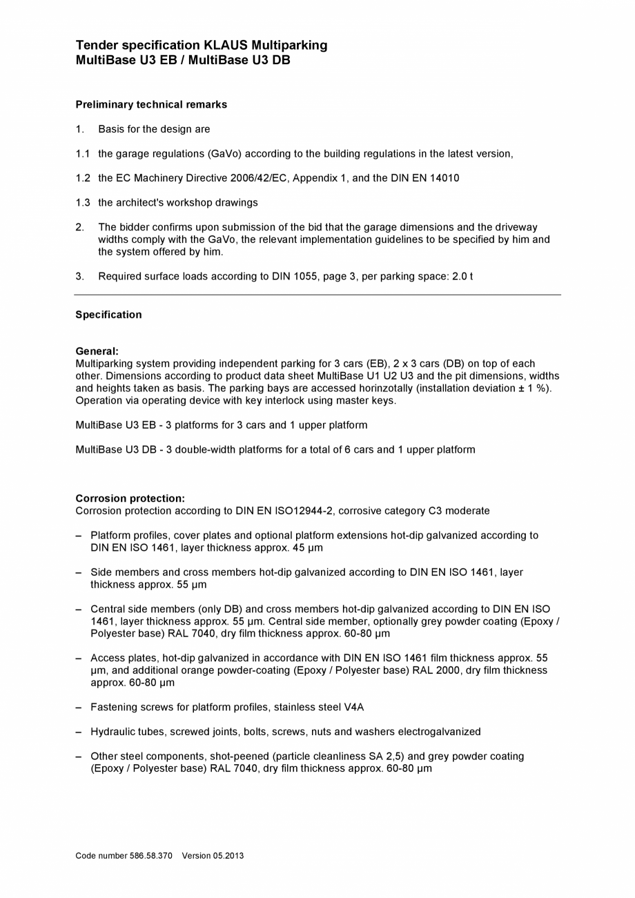 Pagina 1-Sistem de parcare subteran - Specificatii tehnice - U3 EB; U3 DB KLAUS MULTIBASE Underfloor Fisa...