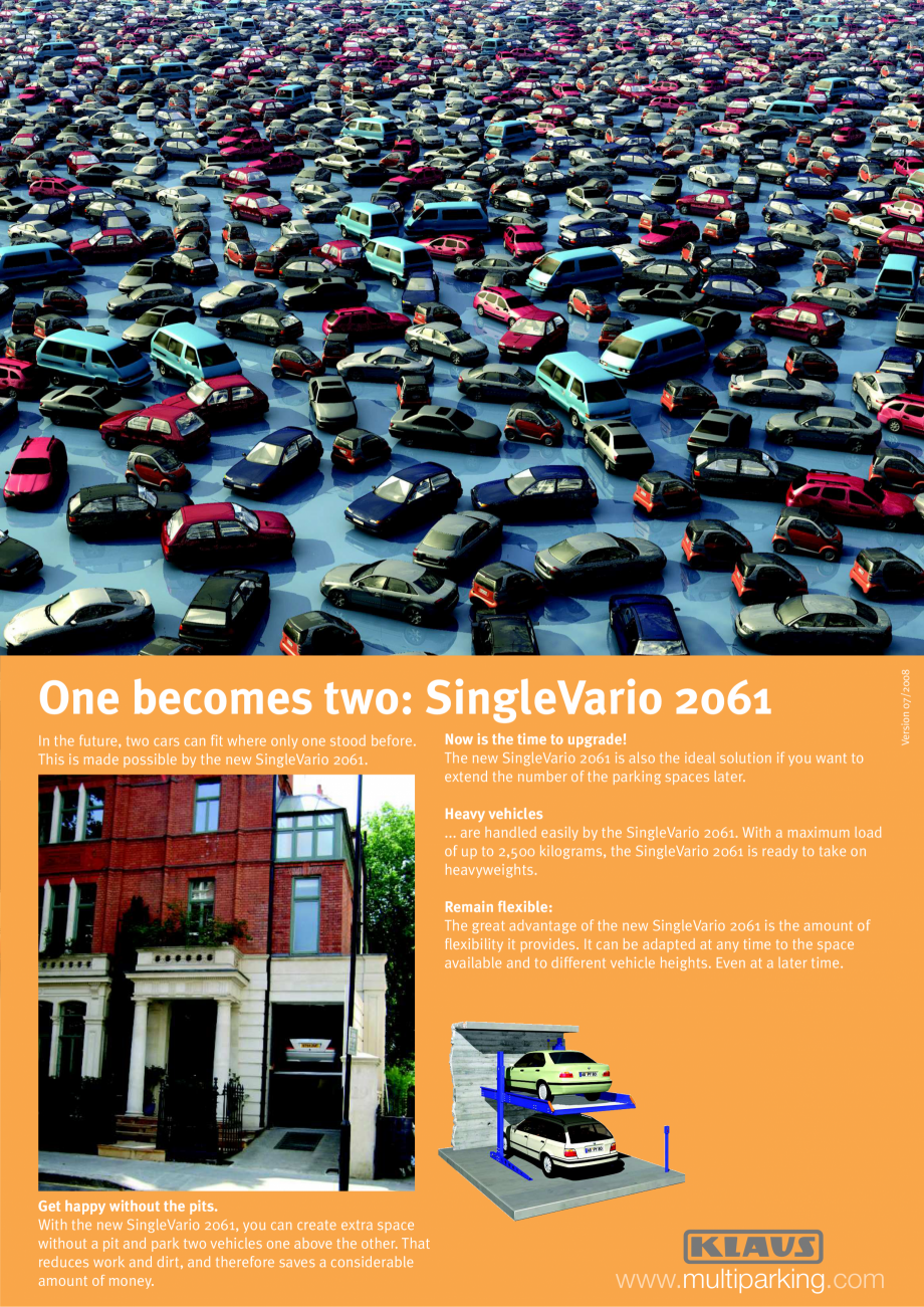 Pagina 1-Sisteme de parcare hidraulice KLAUS SINGLEVARIO 2061 Catalog, brosura Engleza In the future, two...