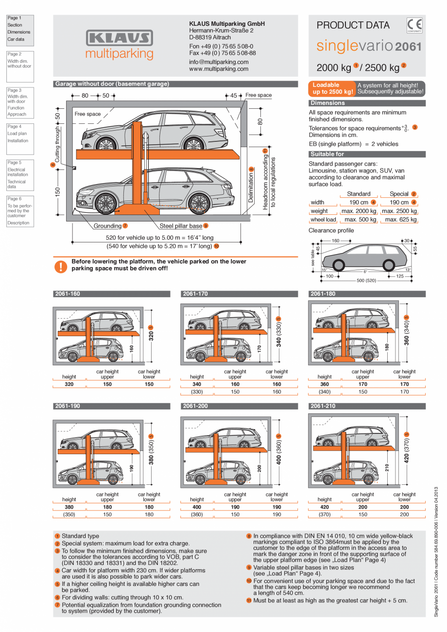 Pagina 1-Sistem de parcare hidraulic KLAUS SINGLEVARIO 2061 Fisa tehnica Engleza Page 1

PRODUCT DATA

KLAUS ...