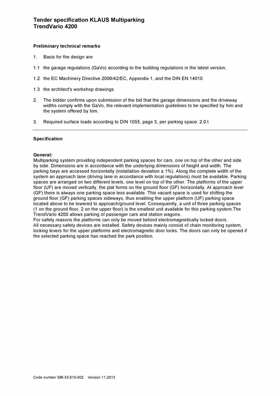 Pagina 1-Sistem de parcare - Specificatii tehnice KLAUS TRENDVARIO 4200 Fisa tehnica Engleza Tender...