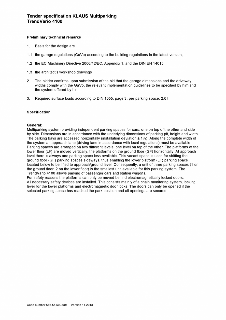 Pagina 1-Sistem de parcare hidraulic - Specificatii tehnice KLAUS TRENDVARIO 4100 Fisa tehnica Engleza Tender...