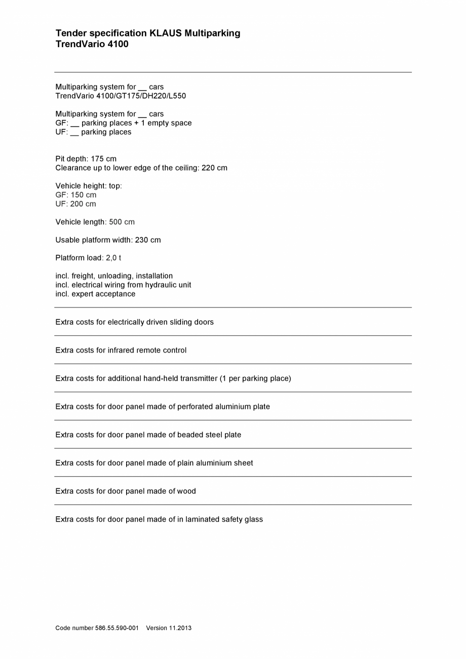 Pagina 5-Sistem de parcare hidraulic - Specificatii tehnice KLAUS TRENDVARIO 4100 Fisa tehnica Engleza...