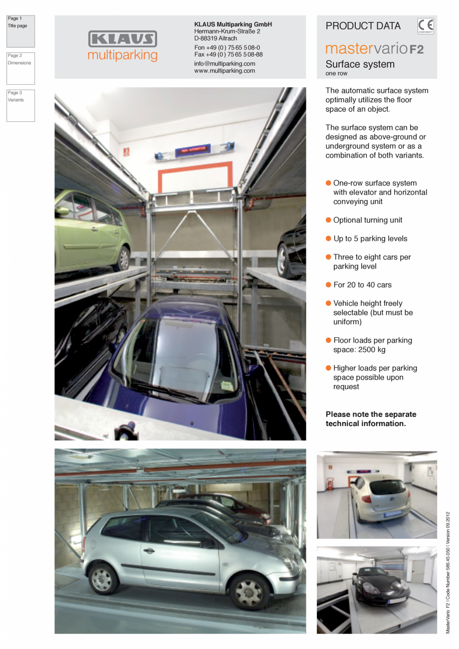Pagina 1-Sistem de parcare hidraulic KLAUS MASTERVARIO F2 Fisa tehnica Engleza Page 1

Page 2
Dimensions
...