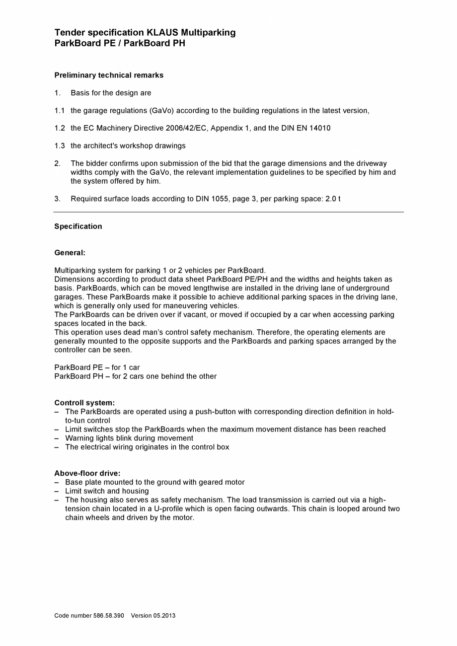 Pagina 1-Platforma pentru parcare - Specificatii tehnice KLAUS PARKBOARD PH Fisa tehnica Engleza Tender...