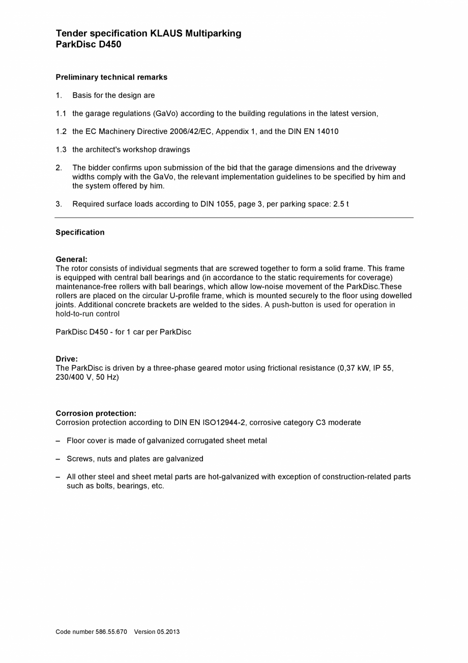 Pagina 1-Platforma pentru parcare - Specificatii tehnice KLAUS PARKDISC D450 Fisa tehnica Engleza Tender...