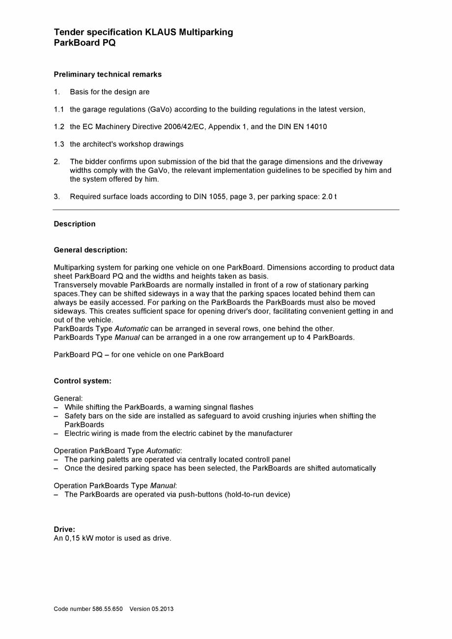 Pagina 1-Platforma pentru parcare - Specificatii tehnice KLAUS PARKBOARD PQ Fisa tehnica Engleza Tender...