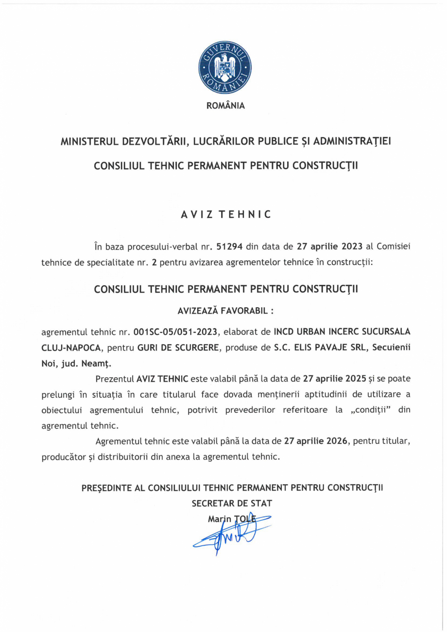 Pagina 1-Aviz tehnic - guri de scurgere ELIS PAVAJE Certificare produs Romana 