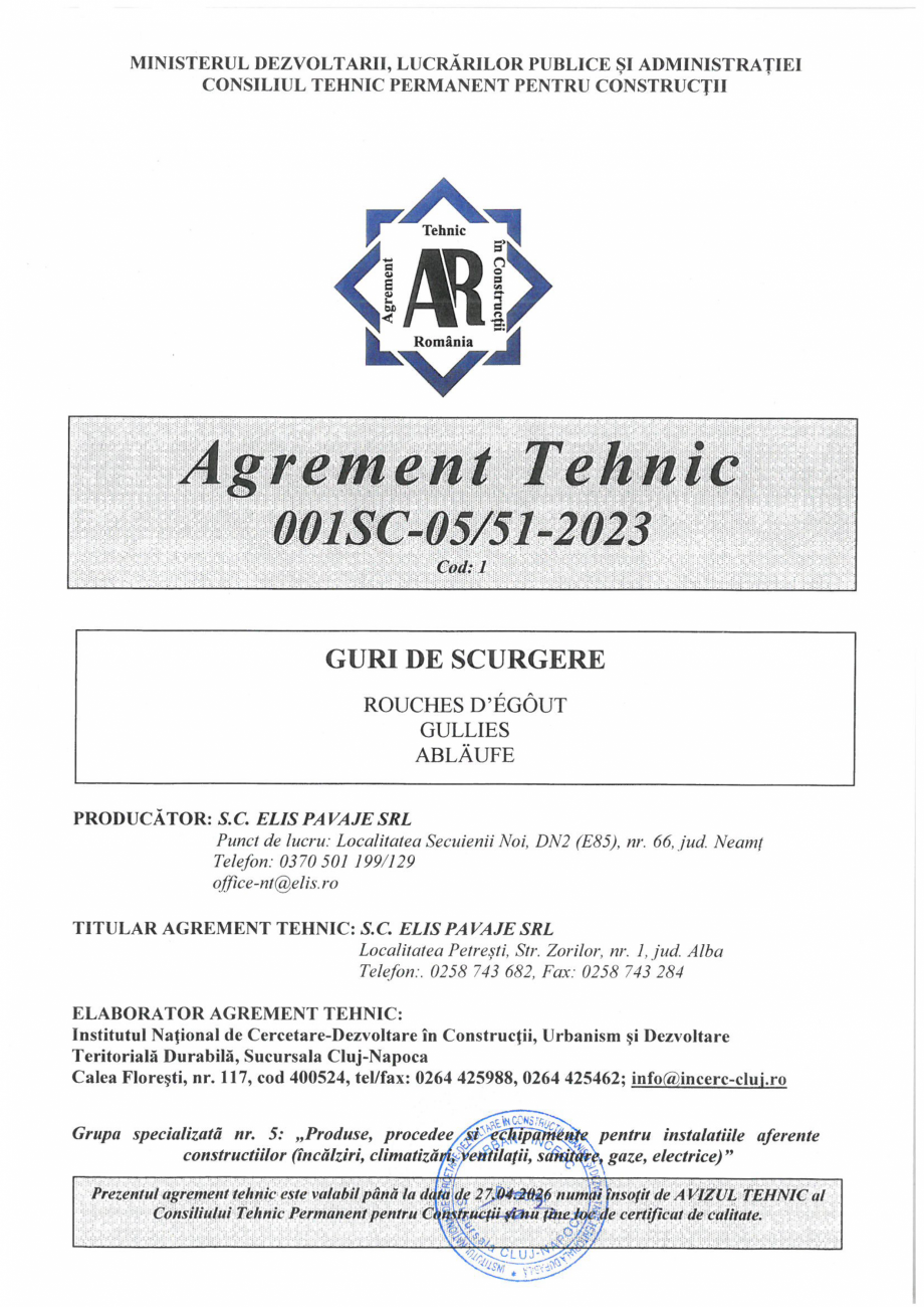 Pagina 2 - Aviz tehnic - guri de scurgere ELIS PAVAJE Certificare produs Romana 