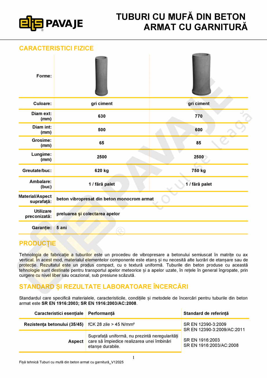 Pagina 1 - Tuburi cu mufa din beton armat cu garnitura ELIS PAVAJE Fisa tehnica Romana TUBURI CU...