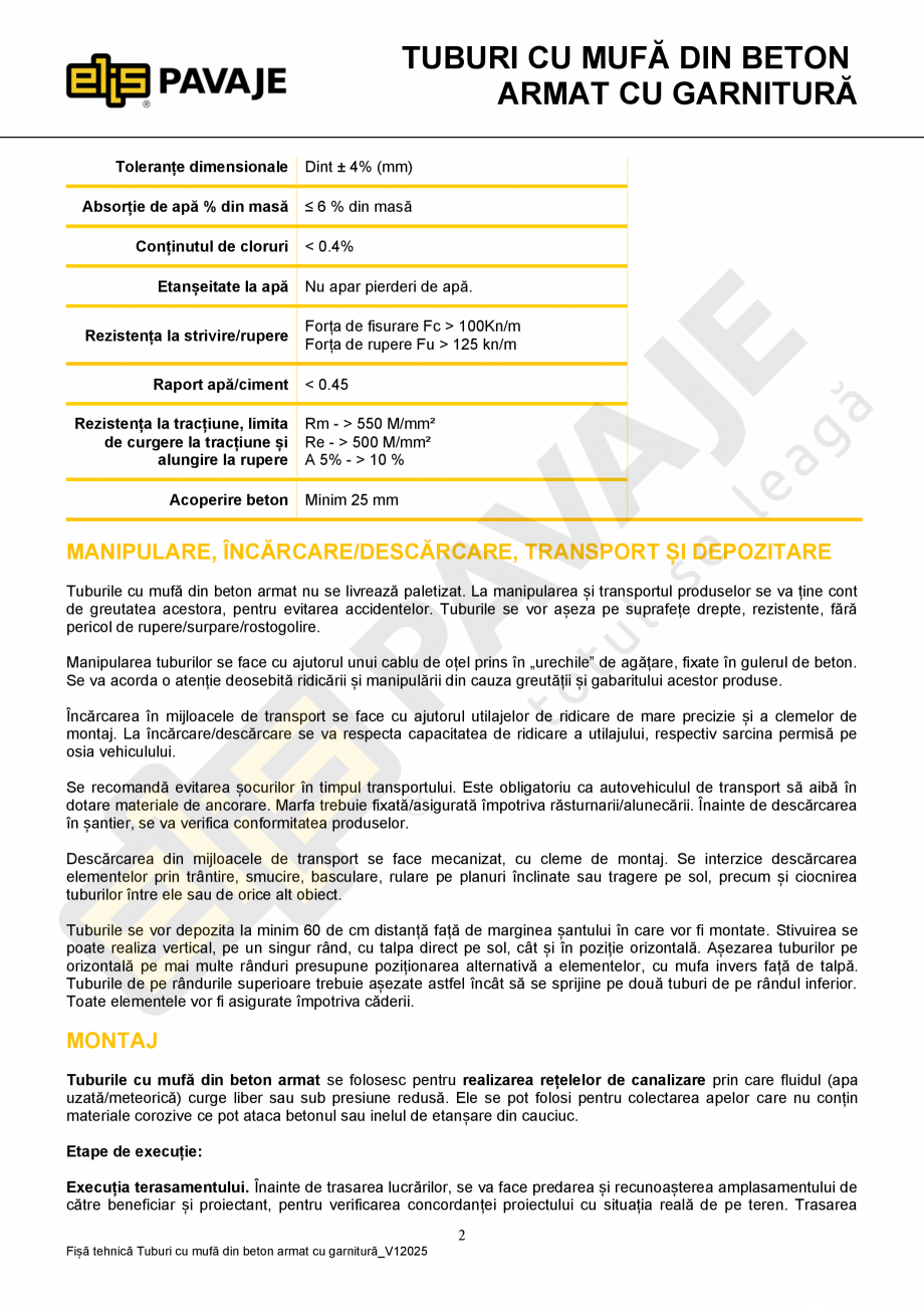 Pagina 2 - Tuburi cu mufa din beton armat cu garnitura ELIS PAVAJE Fisa tehnica Romana ULTATE...
