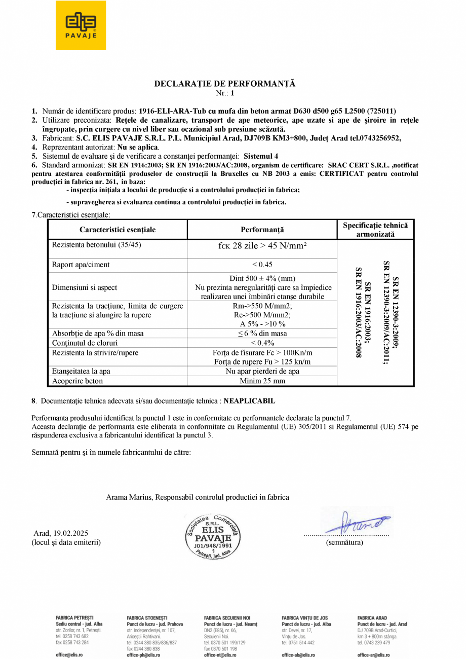 Pagina 1 - Declaratie de performanta - Tub cu mufa cu garnitura D630 ELIS PAVAJE Tuburi cu mufa din ...
