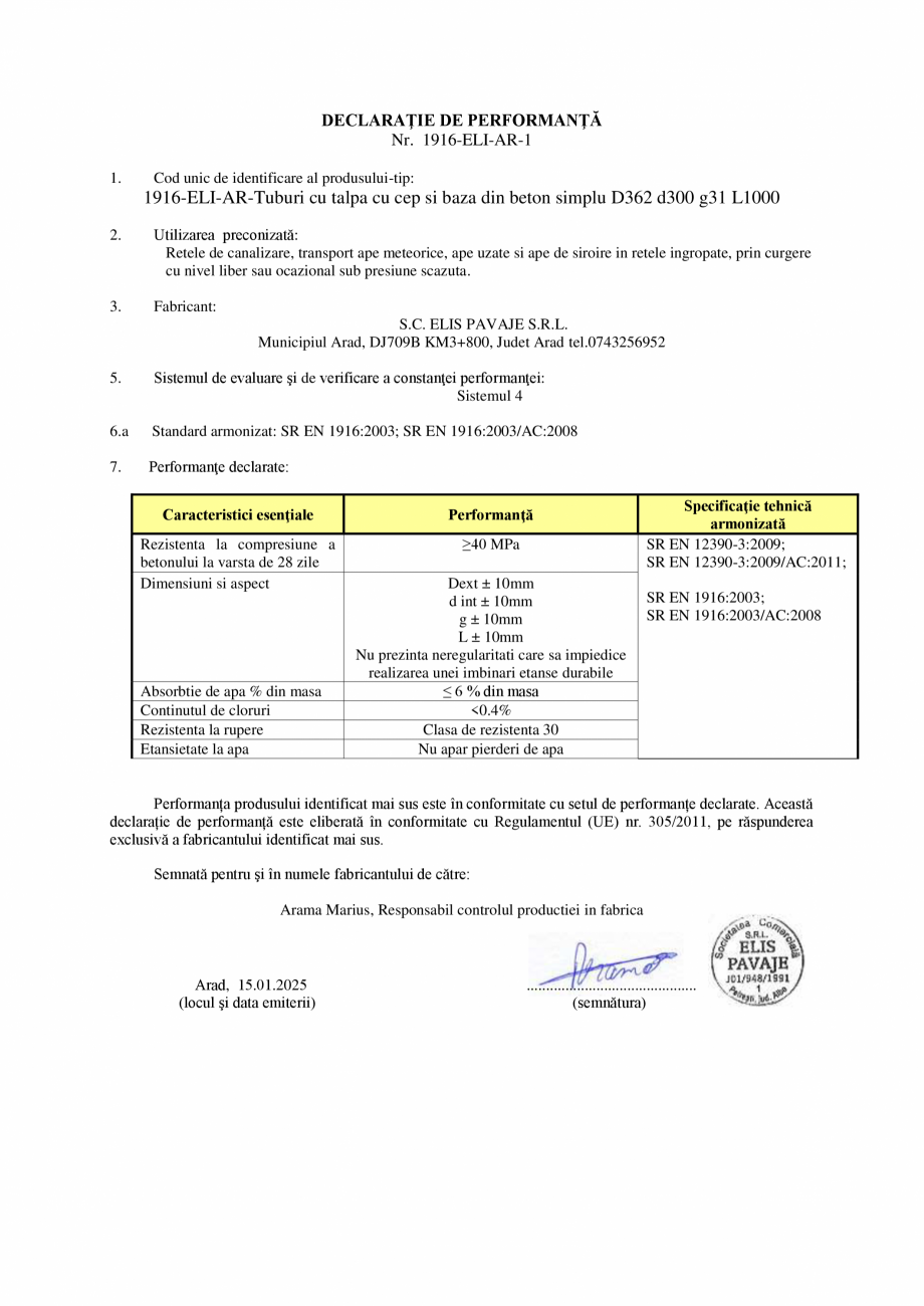 Pagina 1 - Declaratie de performanta -  AR Tuburi cu talpa cu cep si baza D362 d300 g31 L1000 ELIS...