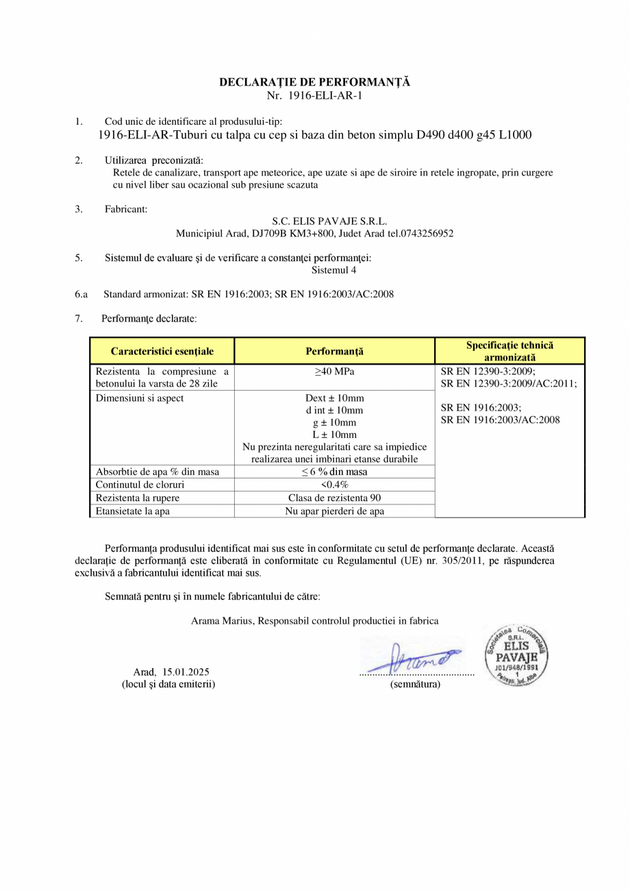 Pagina 1 - Declaratie de performanta - AR Tuburi cu talpa cu cep si baza D490 d400 g45 L1000 ELIS...