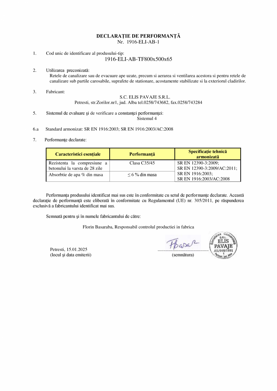 Pagina 1 - Declaratie de performanta - Petresti - Tuburi fantana D800 H500 g65 ELIS PAVAJE...