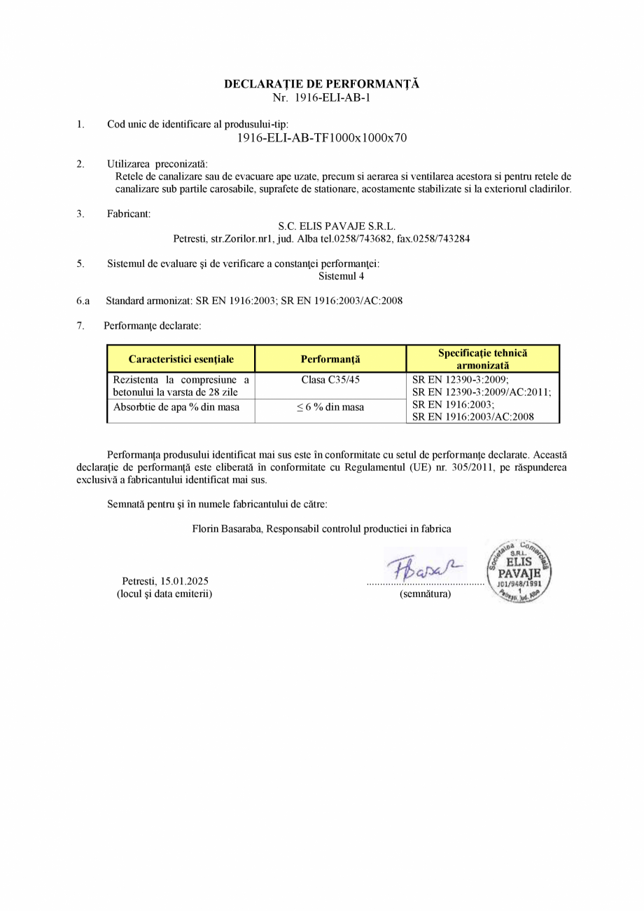 Pagina 1 - Declaratie de performanta - Petresti - Tuburi fantana D1000 H1000 g70 ELIS PAVAJE...