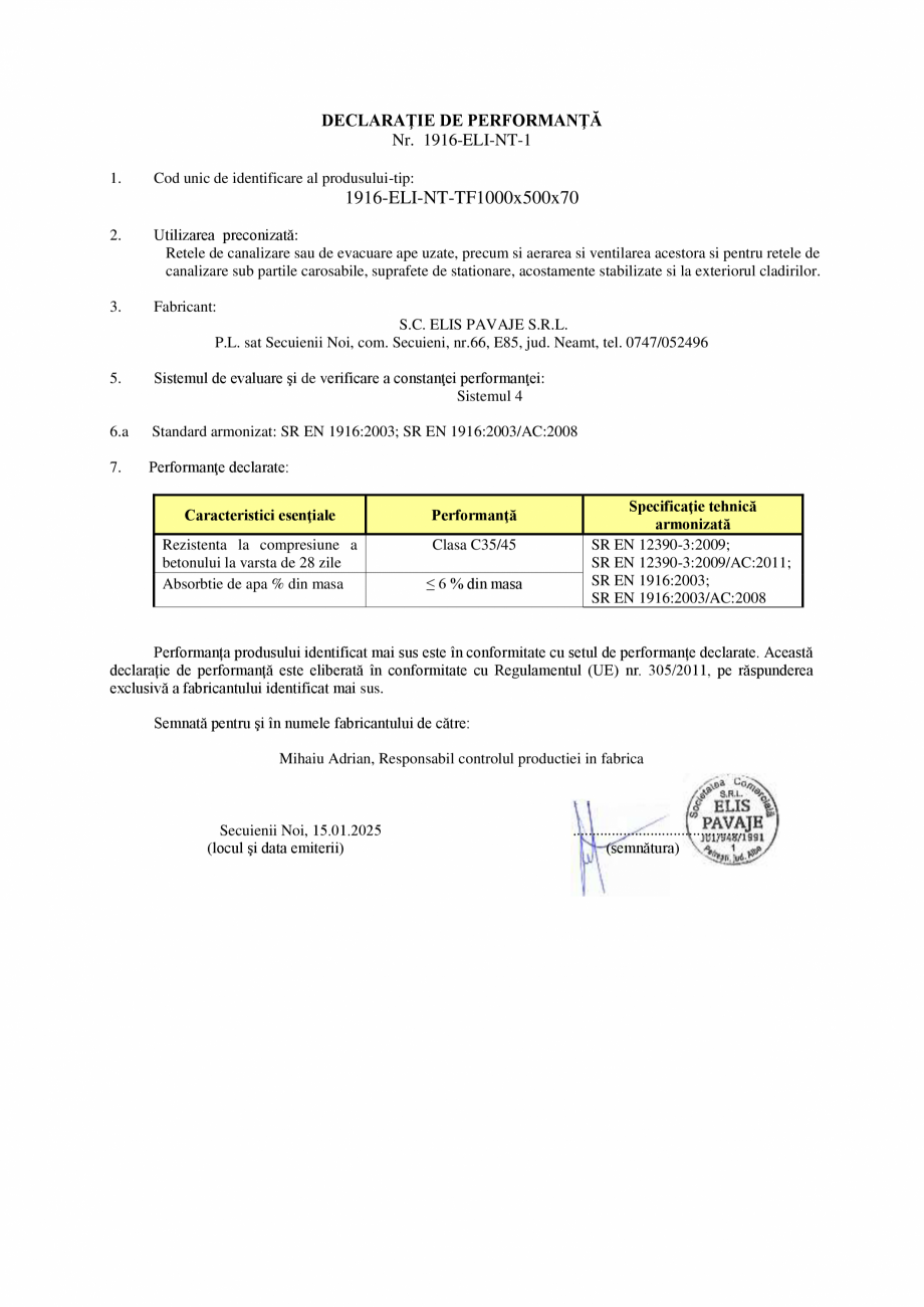 Pagina 1 - Declaratie de performanta - Secuienii Noi - Tub fantana 1000x500x70 ELIS PAVAJE Tuburi...