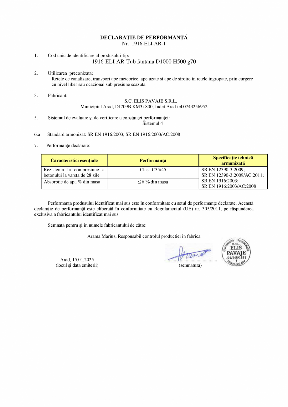 Pagina 1 - Declaratie de performanta - AR - Tuburi fantana D1000 H500 g70 ELIS PAVAJE Certificare...
