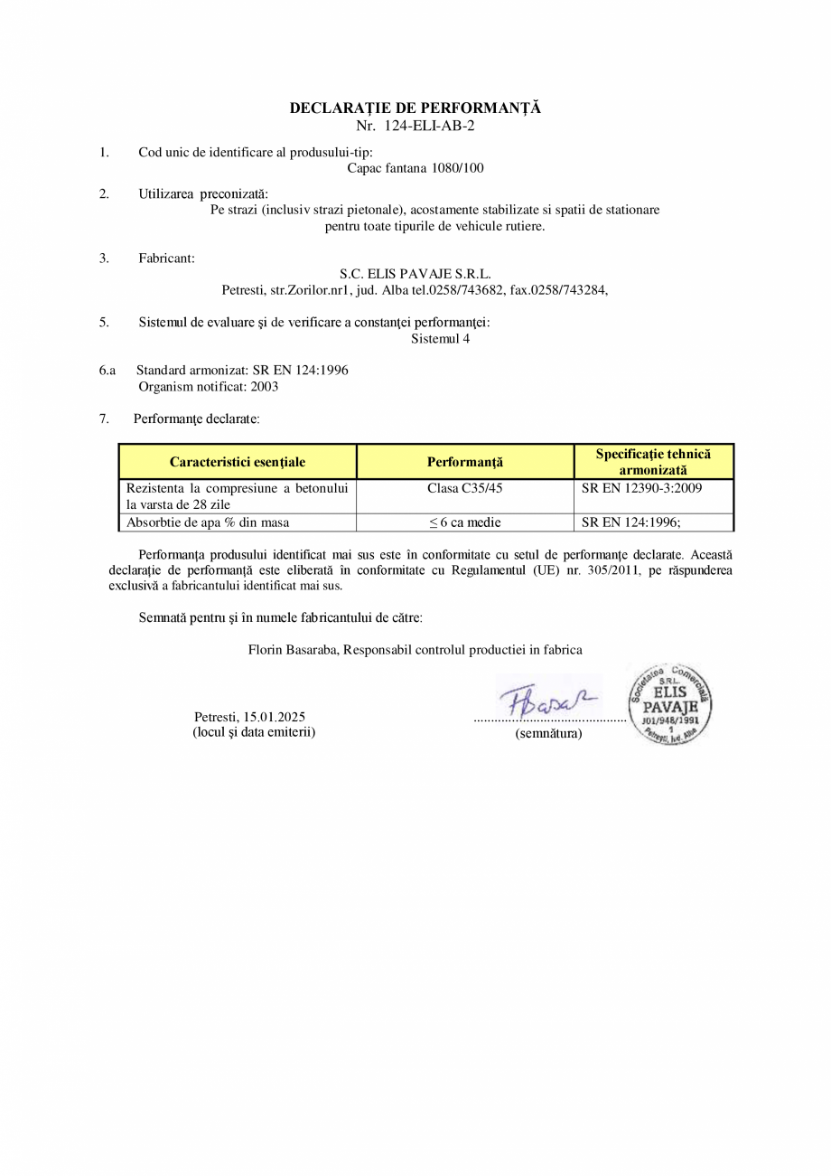Pagina 1 - Declaratie de performanta - Petresti - Capac fantana 1080 ELIS PAVAJE Capace fantana...