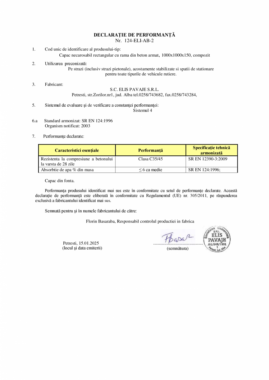 Pagina 1 - Declaratie de performanta - Petresti - Capac necarosabil rectangular 1000 Compozit (cod...