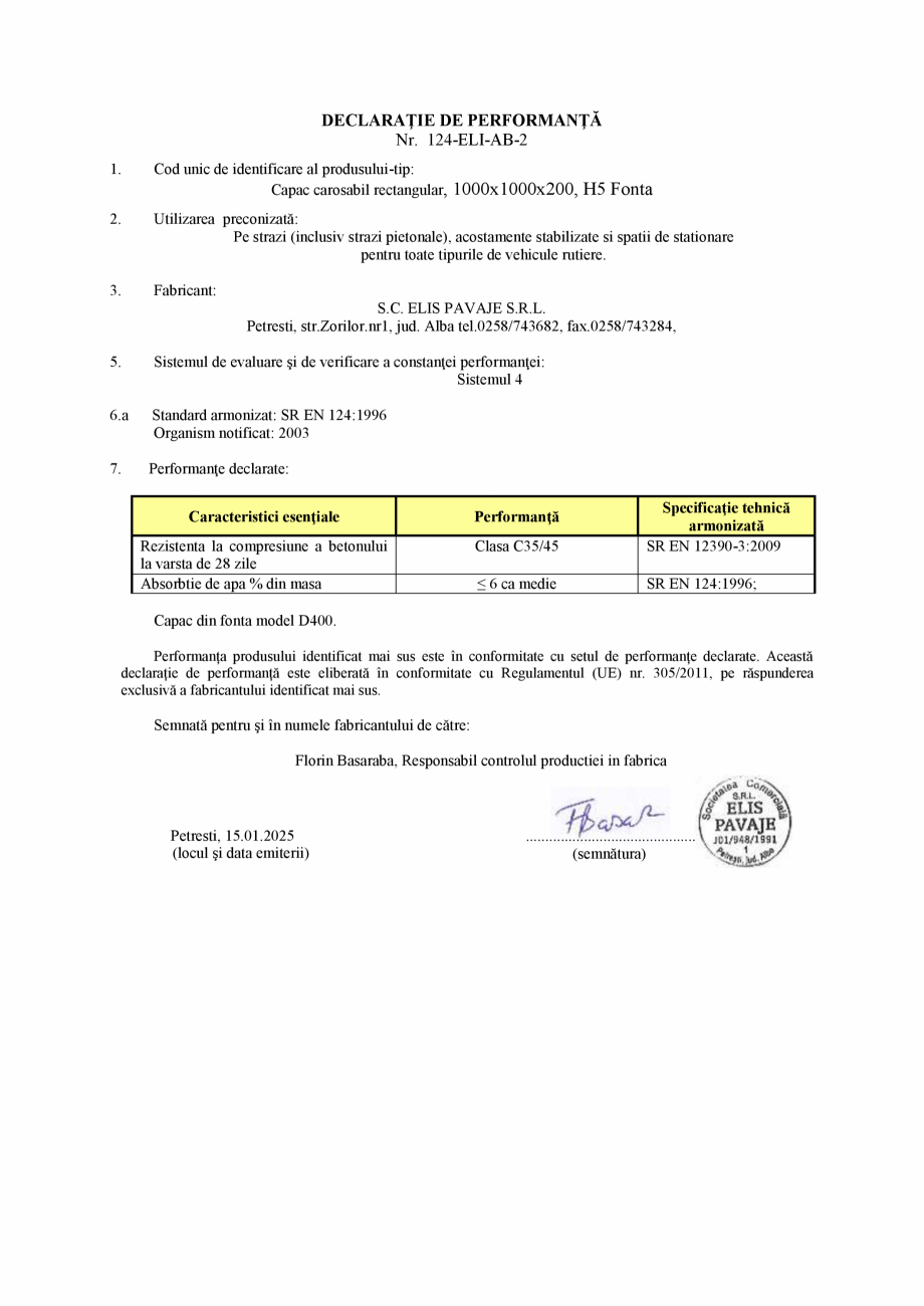 Pagina 1 - Declaratie de performanta - Petresti Capac carosabil rectangular 1000 H5 Fonta (cod...
