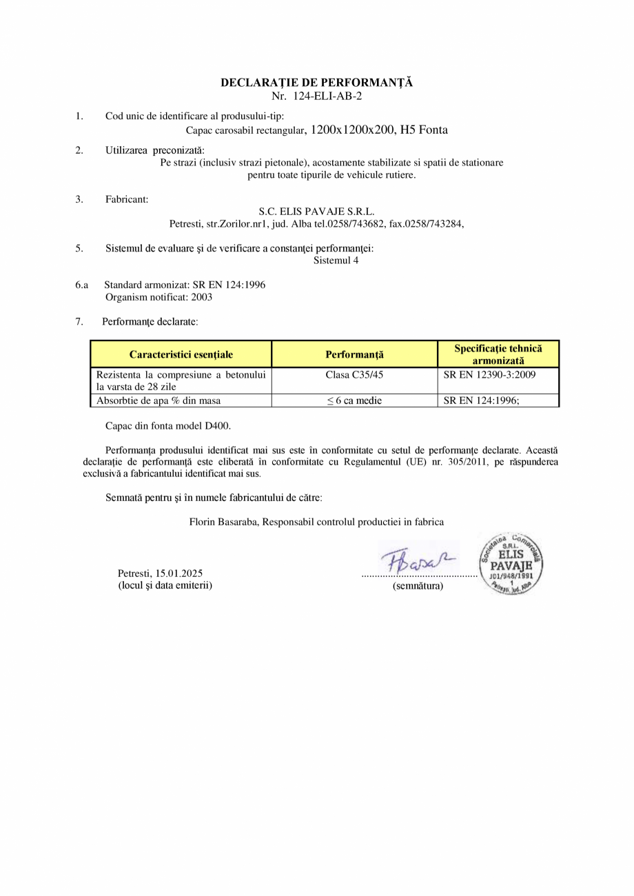 Pagina 1 - Declaratie de performanta - Petresti Capac carosabil rectangular 1200 H5 Fonta (cod...