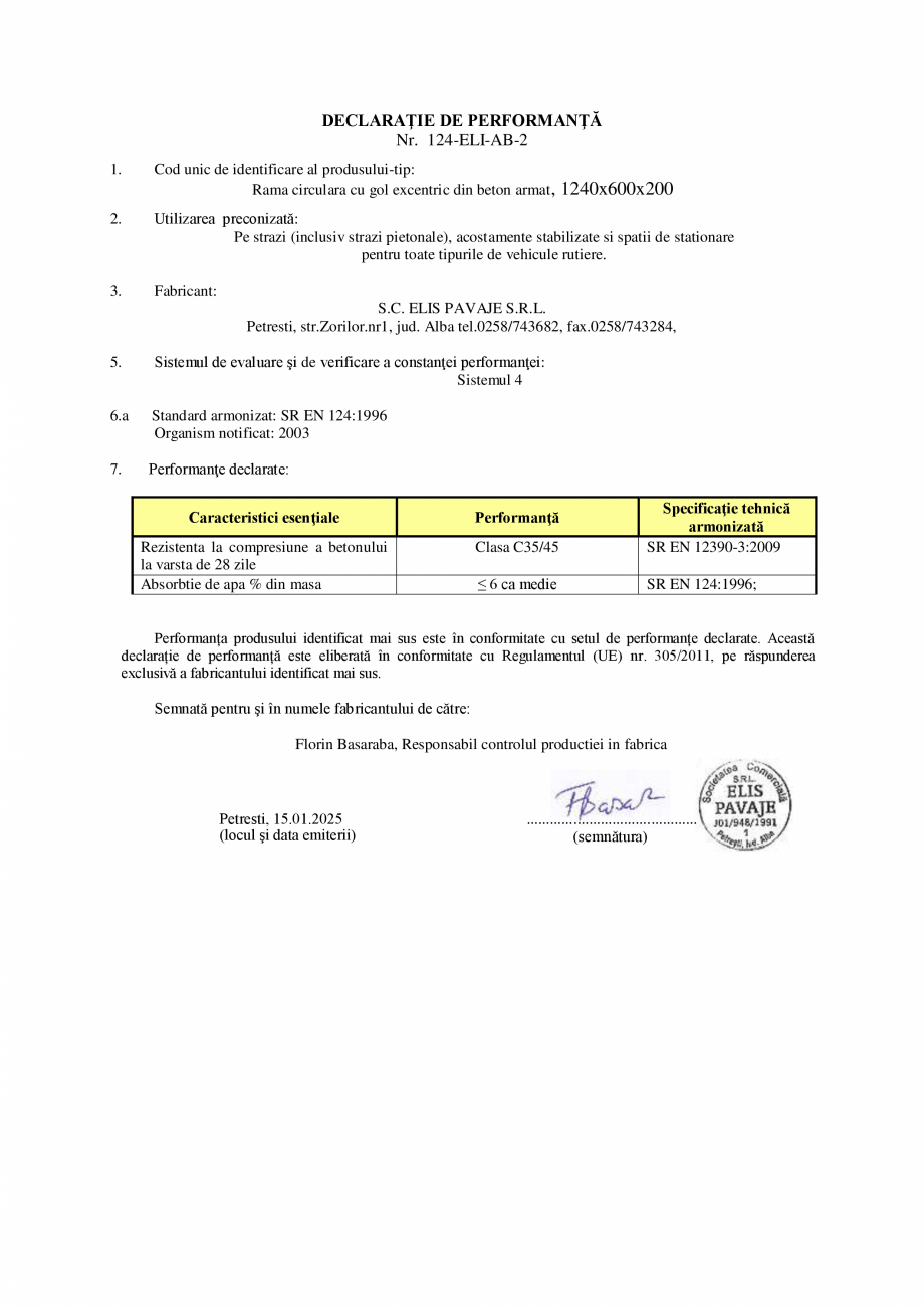 Pagina 1 - Declaratie de performanta - Petresti - Rama circulara cu gol excentric 1240x600x200 ELIS ...