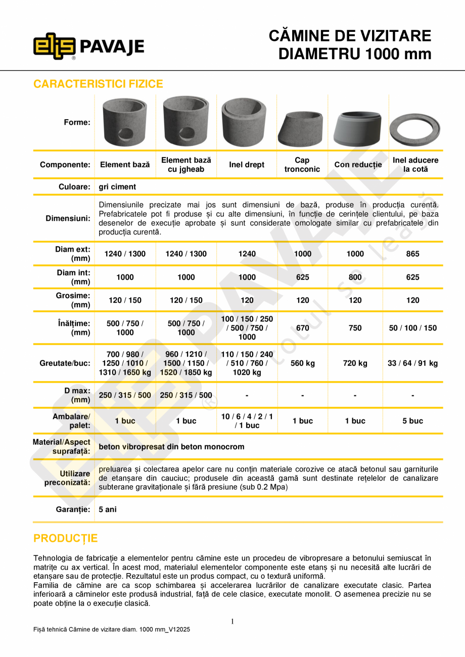 Pagina 1-Camine vizitare 1000 mm ELIS PAVAJE Cap tronconic 1000 Fisa tehnica Romana CĂMINE DE VIZITARE...