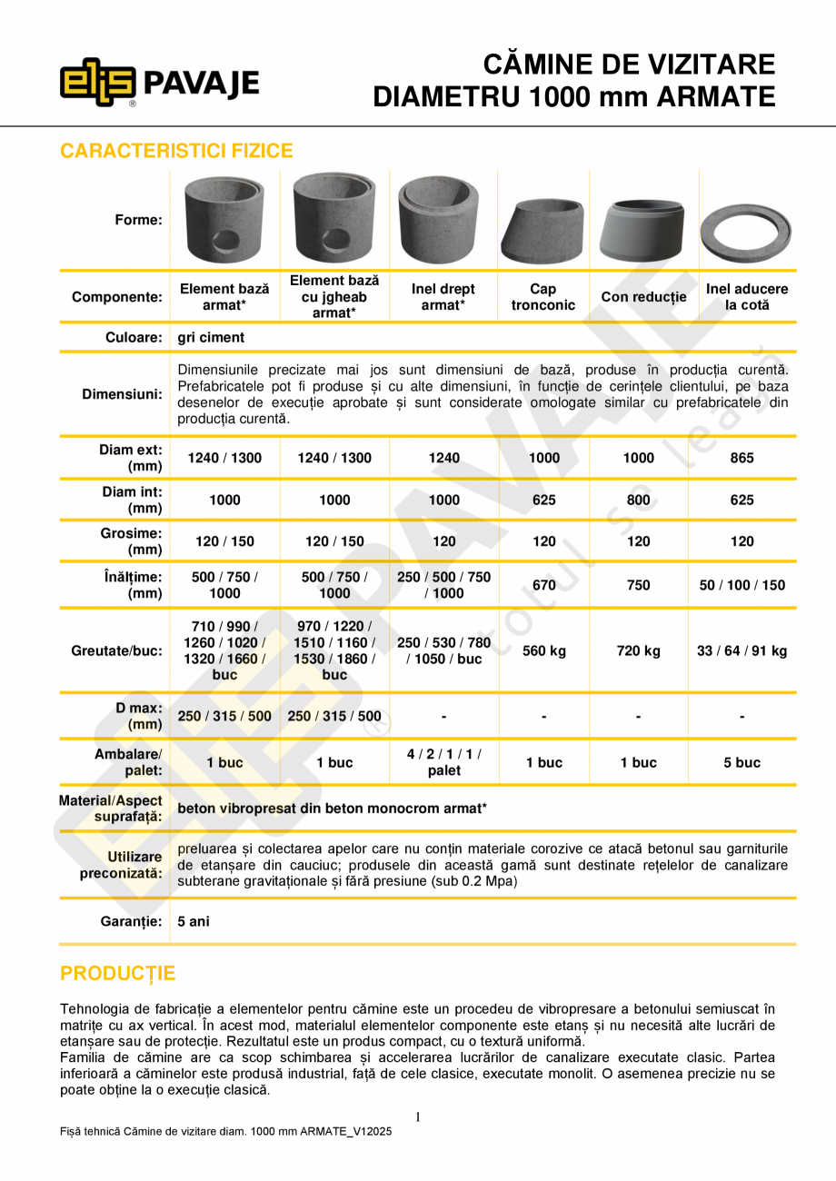 Pagina 1 - Specificatii tehnice Camine vizitare 1000 mm ARMATE ELIS PAVAJE Cap tronconic 1000...