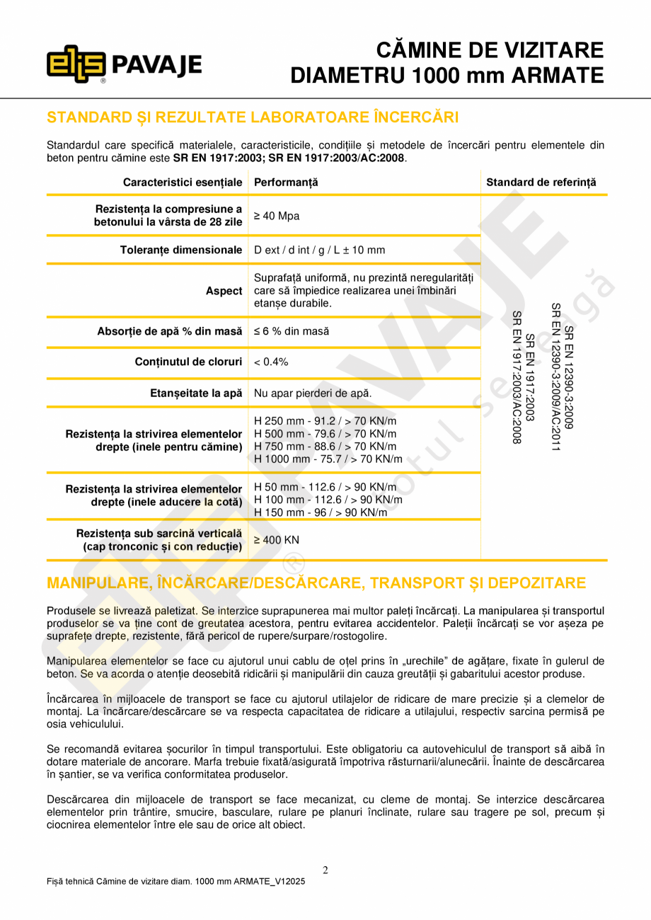 Pagina 2 - Specificatii tehnice Camine vizitare 1000 mm ARMATE ELIS PAVAJE Cap tronconic 1000...