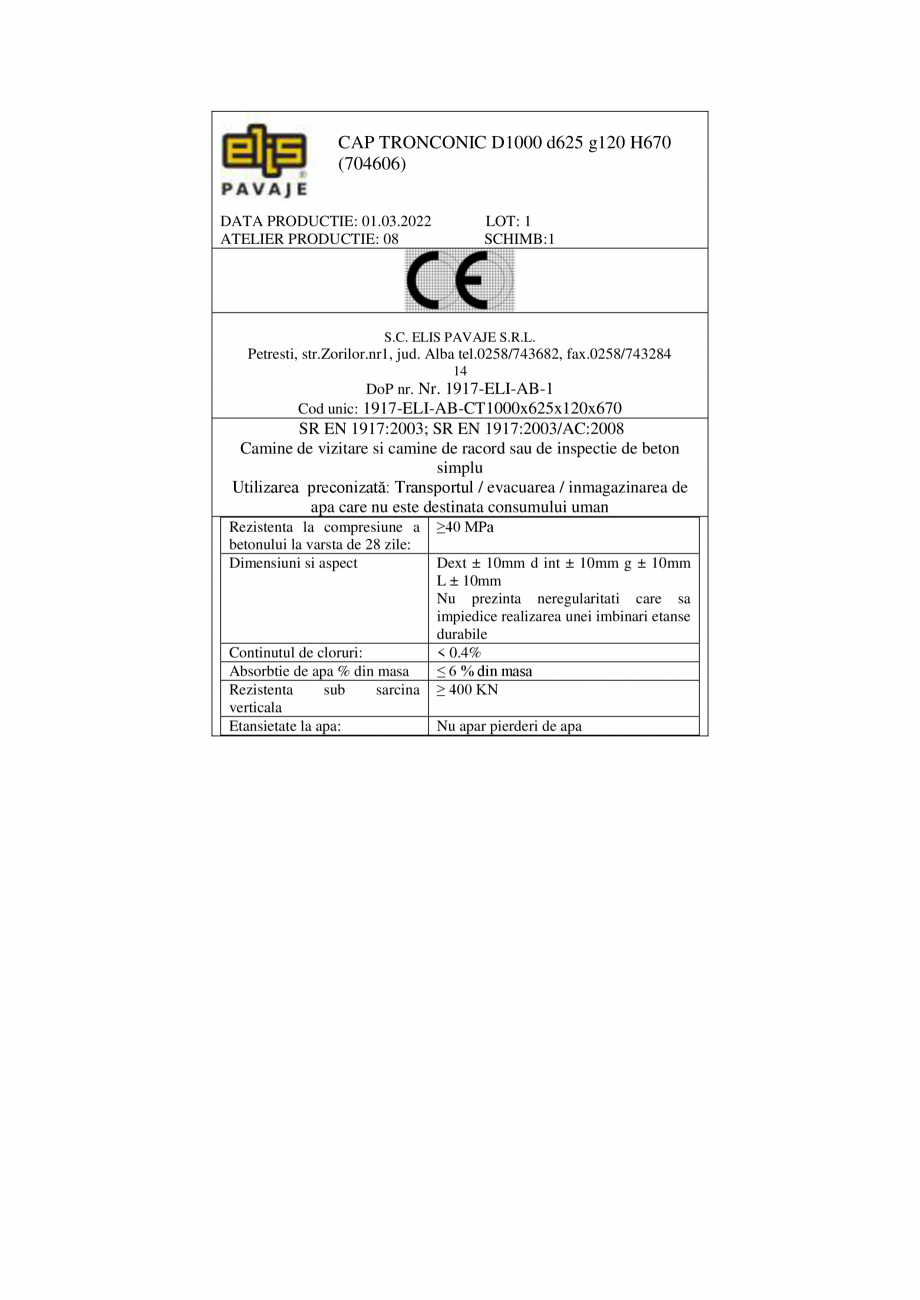 Pagina 2 - Declaratie de performanta - Petresti - Cap tronconic D1000 ELIS PAVAJE Cap tronconic 1000...