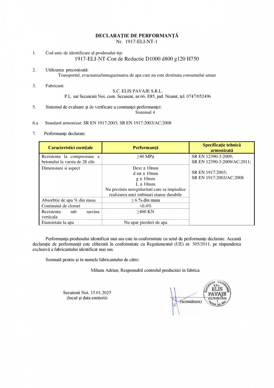 Pagina 1-Declaratie de performanta - Secuienii Noi - Con de reductie D1000 d800 g120 H750 ELIS PAVAJE Con...