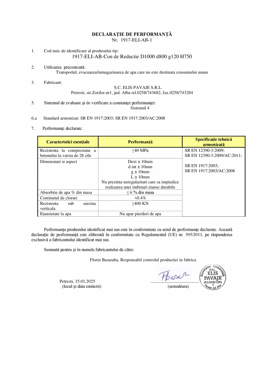 Pagina 1 - Declaratie de performanta - Petresti - Con de reductie D1000 d800 g120 H750 ELIS PAVAJE...