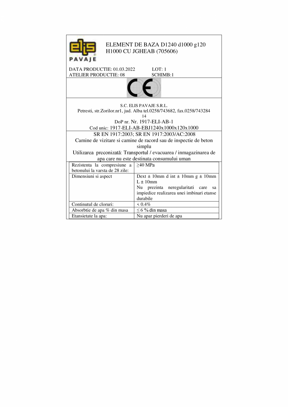 Pagina 2-Declaratie de performanta - Petresti - Element de baza cu jgheab D1240 H1000 ELIS PAVAJE Elemente...