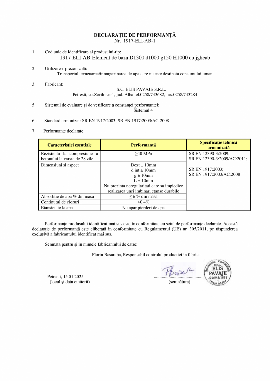 Pagina 1 - Declaratie de performanta - Petresti - Element de baza cu jgheab D1300 H1000 ELIS PAVAJE ...