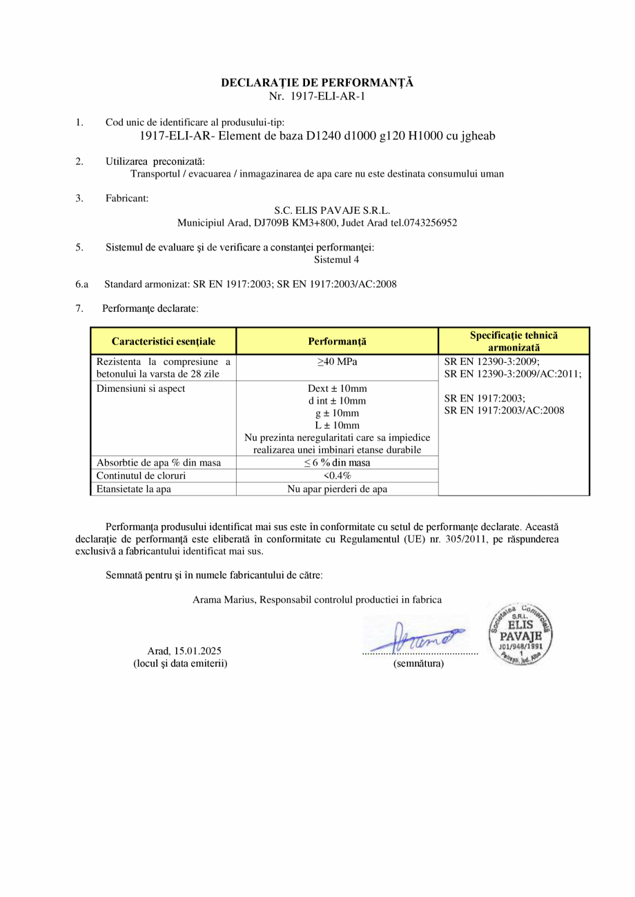 Pagina 1 - Declaratie de performanta - Element de baza cu jgheab D1240 d1000 g120 H1000 ELIS PAVAJE ...