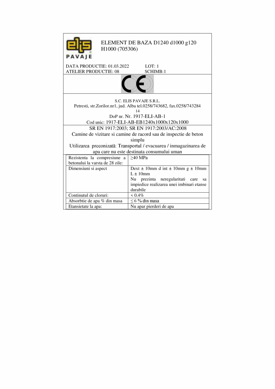 Pagina 2 - Declaratie de performanta - Petresti - Element de baza D1240 H1000 ELIS PAVAJE Elemente...
