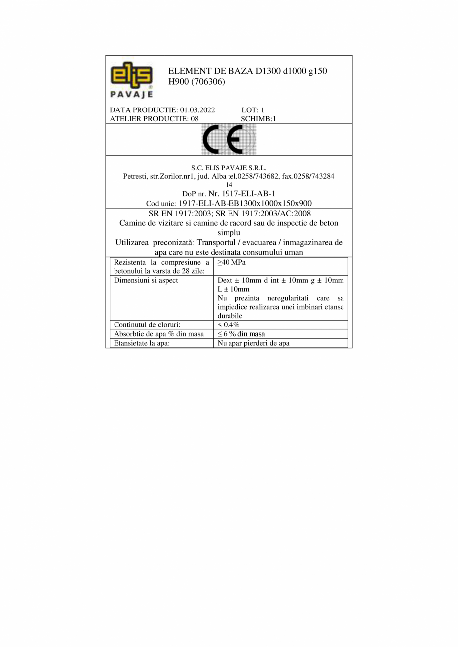 Pagina 2-Declaratie de performanta - Petresti - Element de baza D1300 H1000 ELIS PAVAJE Elemente de baza 1000...