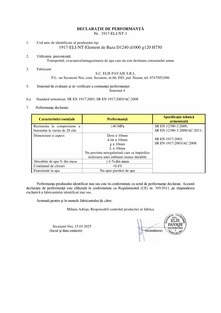 Pagina 1 - Declaratie de performanta - Petresti - Element de baza D1240 d1000 g120 H750 ELIS PAVAJE ...