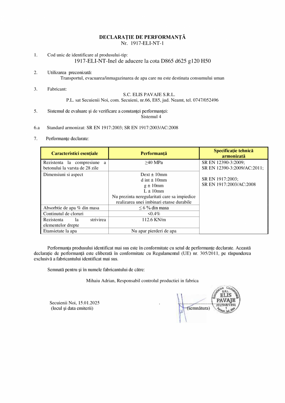 Pagina 1 - Declaratie de performanta - Inel de aducere la cota D865 d625 g120 H50 ELIS PAVAJE Inel...