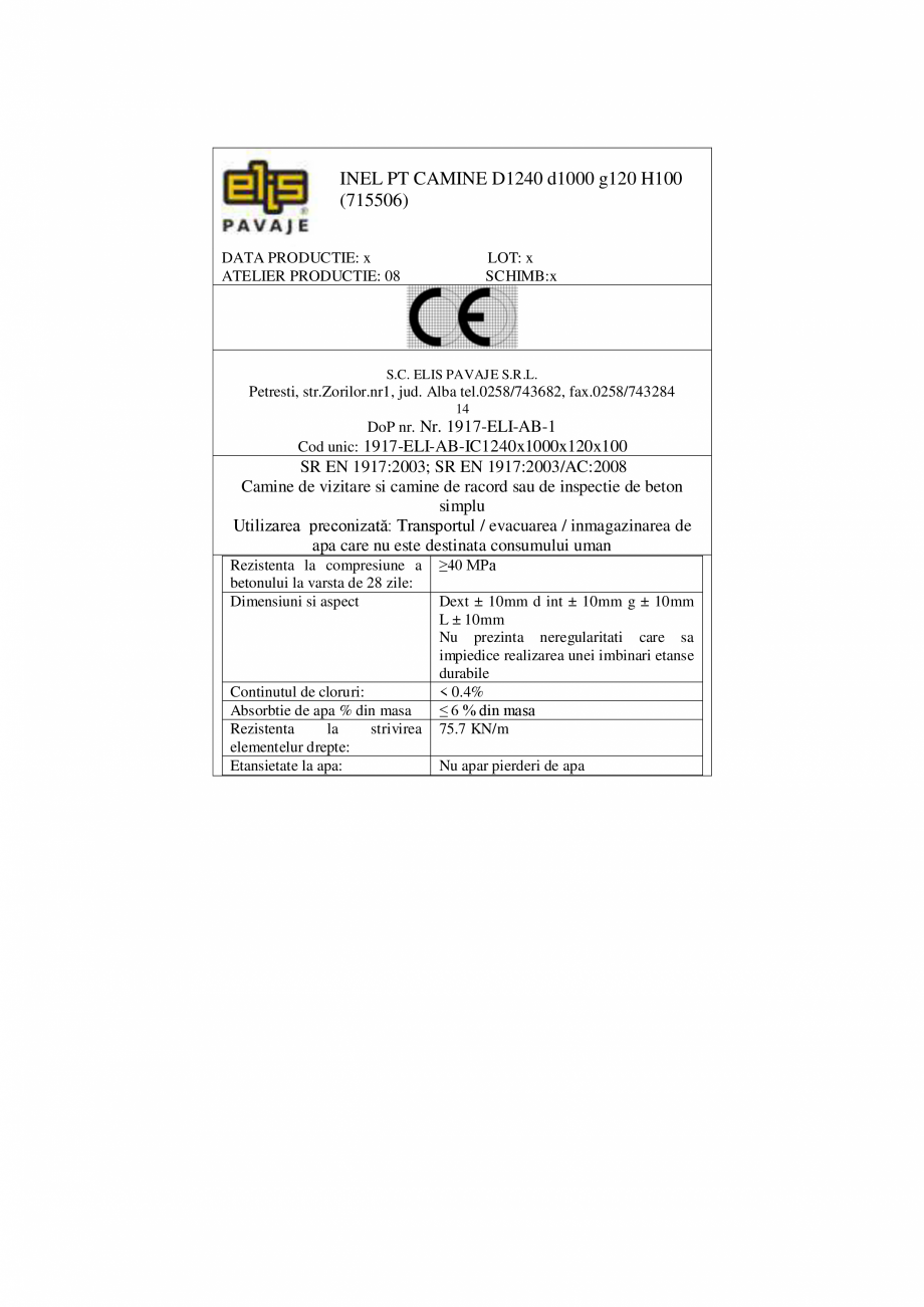Pagina 2-Declaratie de performanta - Petresti - Inel pentru camine D1240 H100 ELIS PAVAJE elemente drepte -...