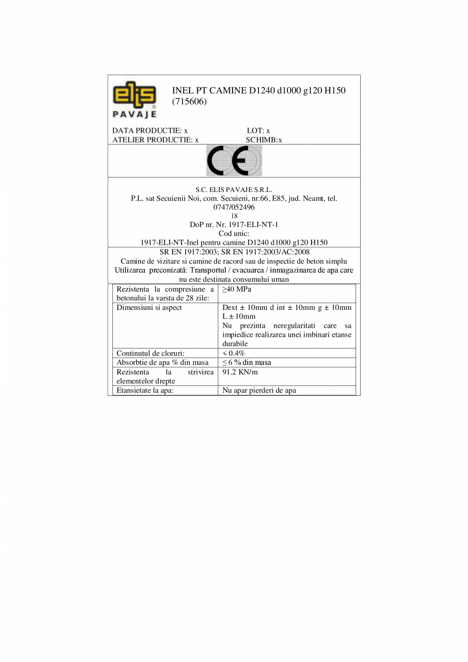 Pagina 2-Declaratie de performanta - Inel pentru camine D1240 d1000 g120 H150 ELIS PAVAJE elemente drepte -...
