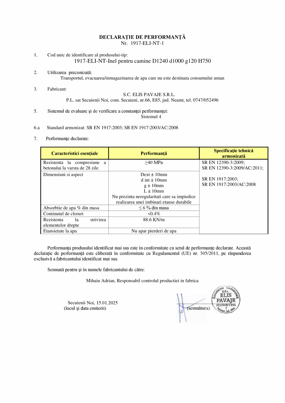 Pagina 1-Declaratie de performanta - Inel pentru camine D1240 d1000 g120 H750 ELIS PAVAJE elemente drepte -...