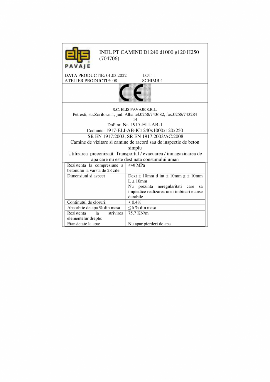 Pagina 2-Declaratie de performanta - Petresti - Inel pentru camine D1240 H250 ELIS PAVAJE elemente drepte -...
