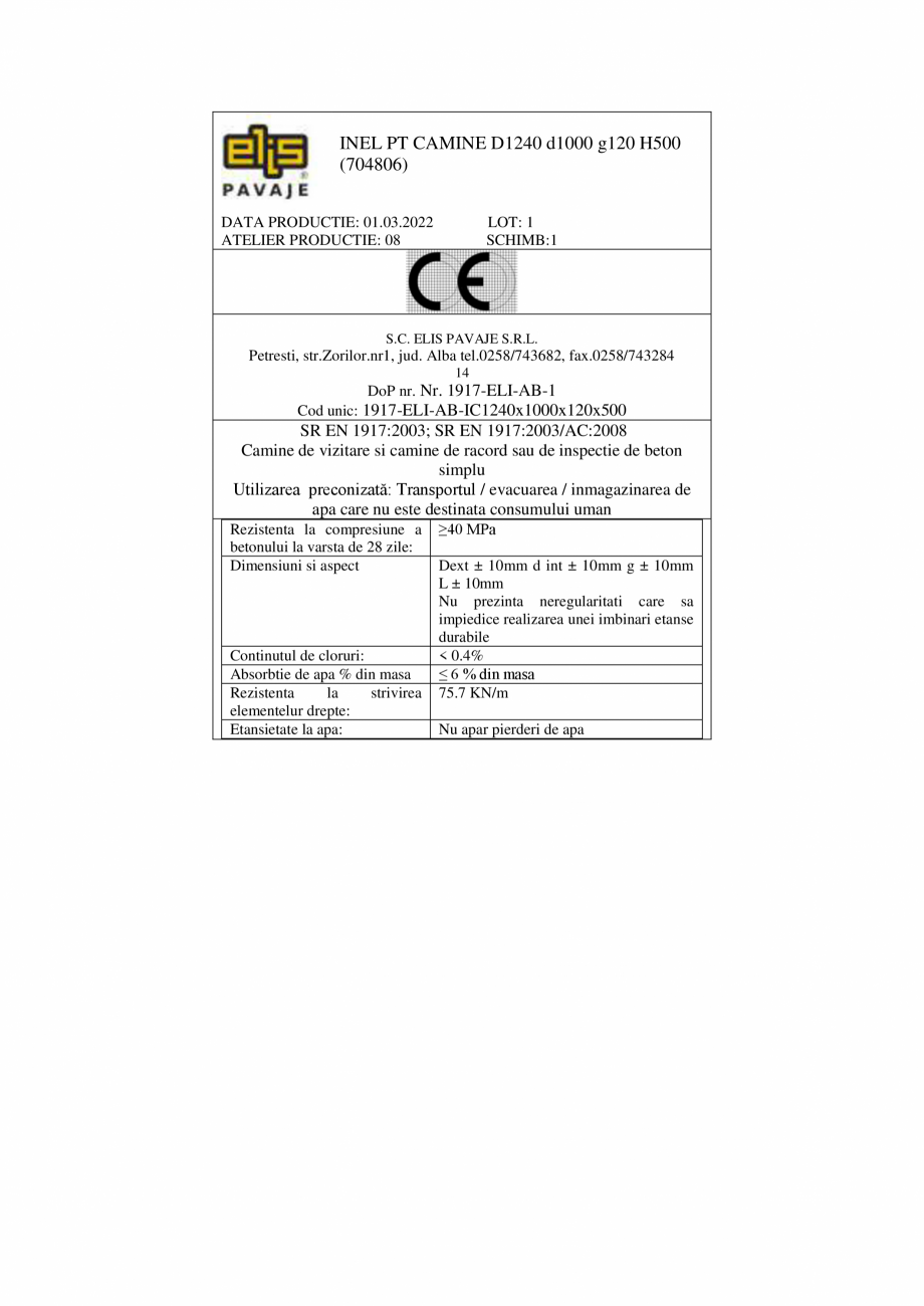 Pagina 2-Declaratie de performanta - Petresti Inel pentru camine D1240 H500 ELIS PAVAJE elemente drepte -...