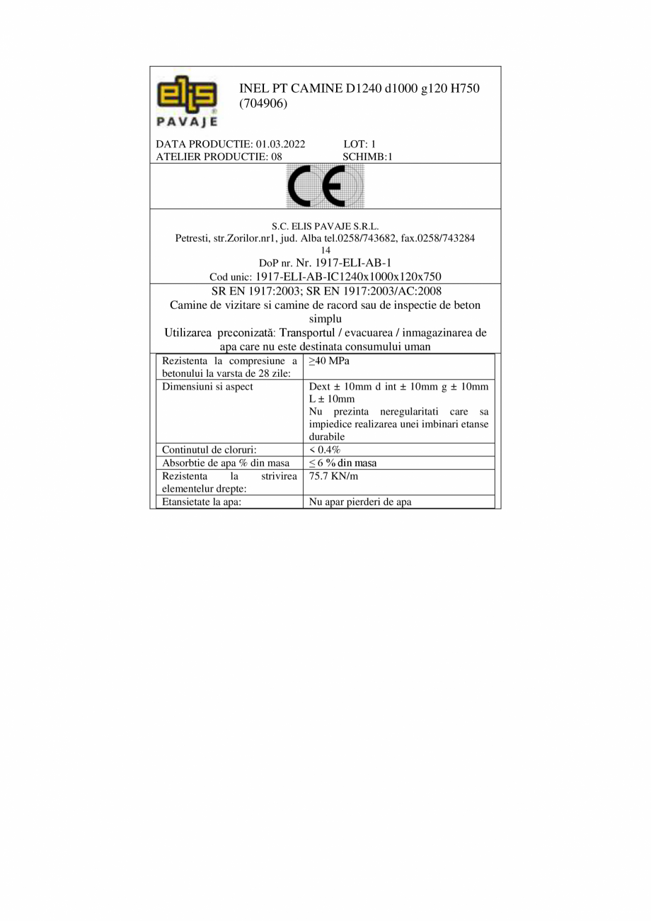 Pagina 2 - Declaratie de performanta - Petresti - Inel pentru camine D1240 H750 ELIS PAVAJE elemente...